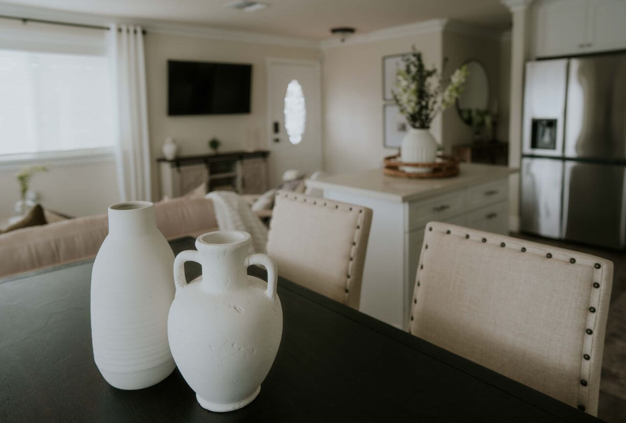 Dining area shot through living room